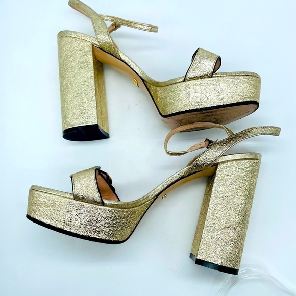Gucci Galassia Metallic Gold leather GG Marmont ankle strap block heels 40.5 - Picture 4 of 11